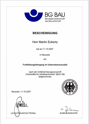 BG-Lehrgang-Bescheinigung für Martin Eckertz: Fachkraft für Arbeitssicherheit (BGV A6)