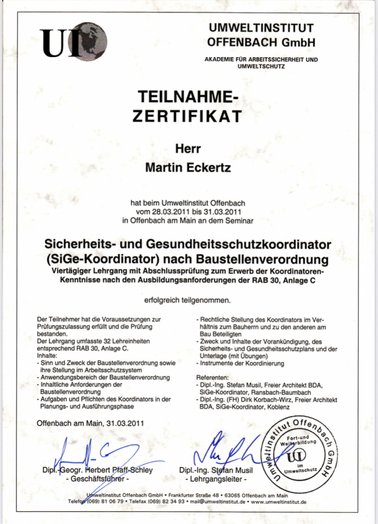 Zertifikat für Martin Eckertz als Sicherheits- und Gesundheitsschutzkoordinator (SiGe-Koordinator) nach Baustellenverordnung