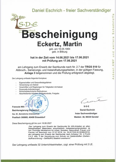 Prüfungsbescheinigung für Martin Eckertz: Lehrgang zum Erwerb der Sachkunde nach Nr. 2.7 der TRGS 519 für Abbruch-, Sanierungs- und Instandhaltungsarbeiten