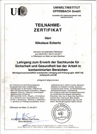 Teilnahme-Zertifikat für Martin Eckertz: Lehrgang zum Erwerb der Sachkunde für Sicherheit und Gesundheit bei der Arbeit in kontaminierten Bereichen