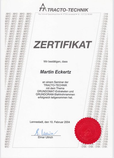 TRACTO-Technik-Zertifikat für Martin Eckertz über die Teilnahme zum Thema Grundomat-Erdraketen und Grundomat-Stahlrohrrammen